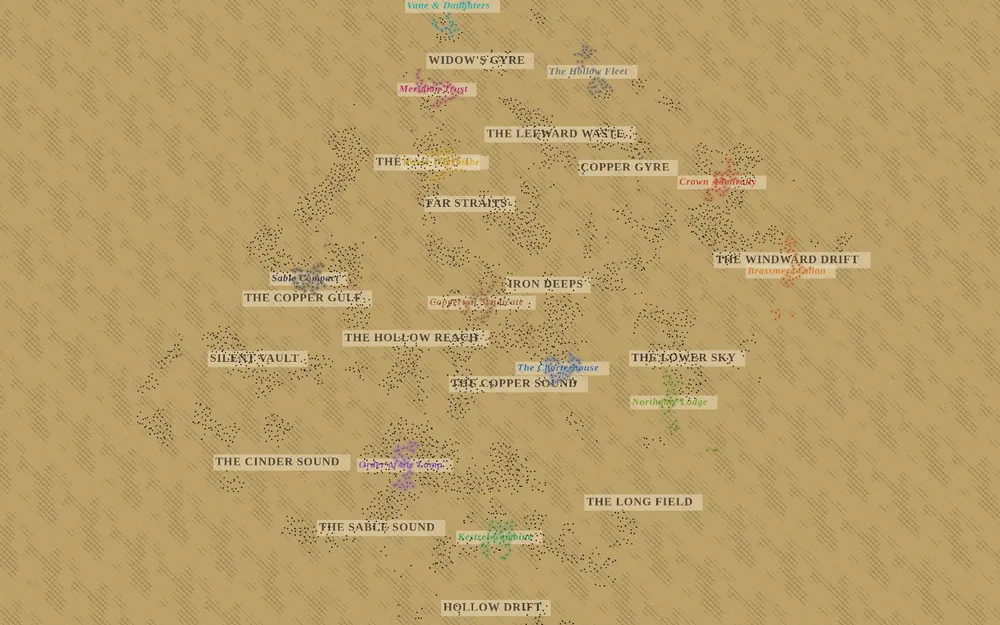 The world chart: thousands of islands as dots, with regions and factions named