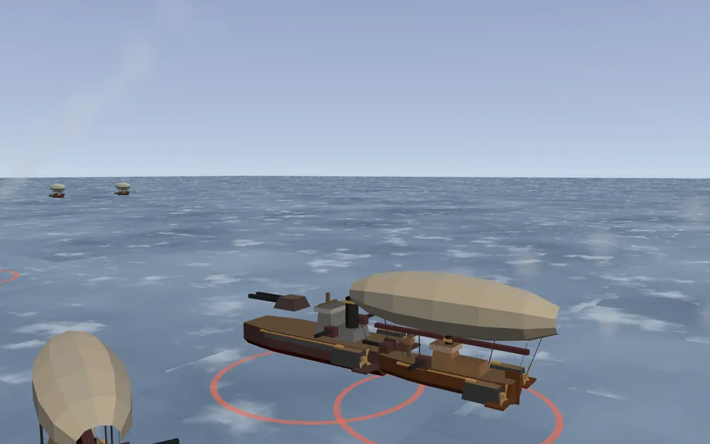 Airships under gas bags exchanging fire over the cloud sea