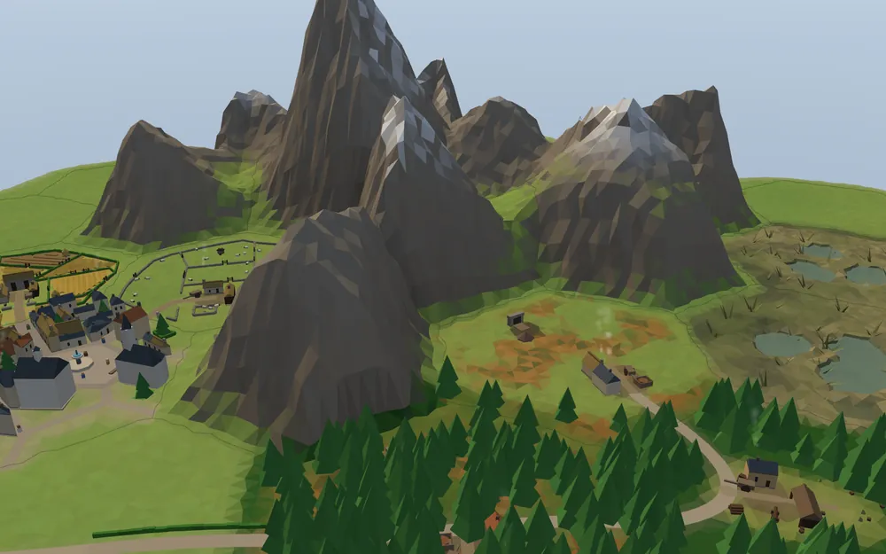 An island close up: a town, walled farms with sheep, a forest camp and mountains